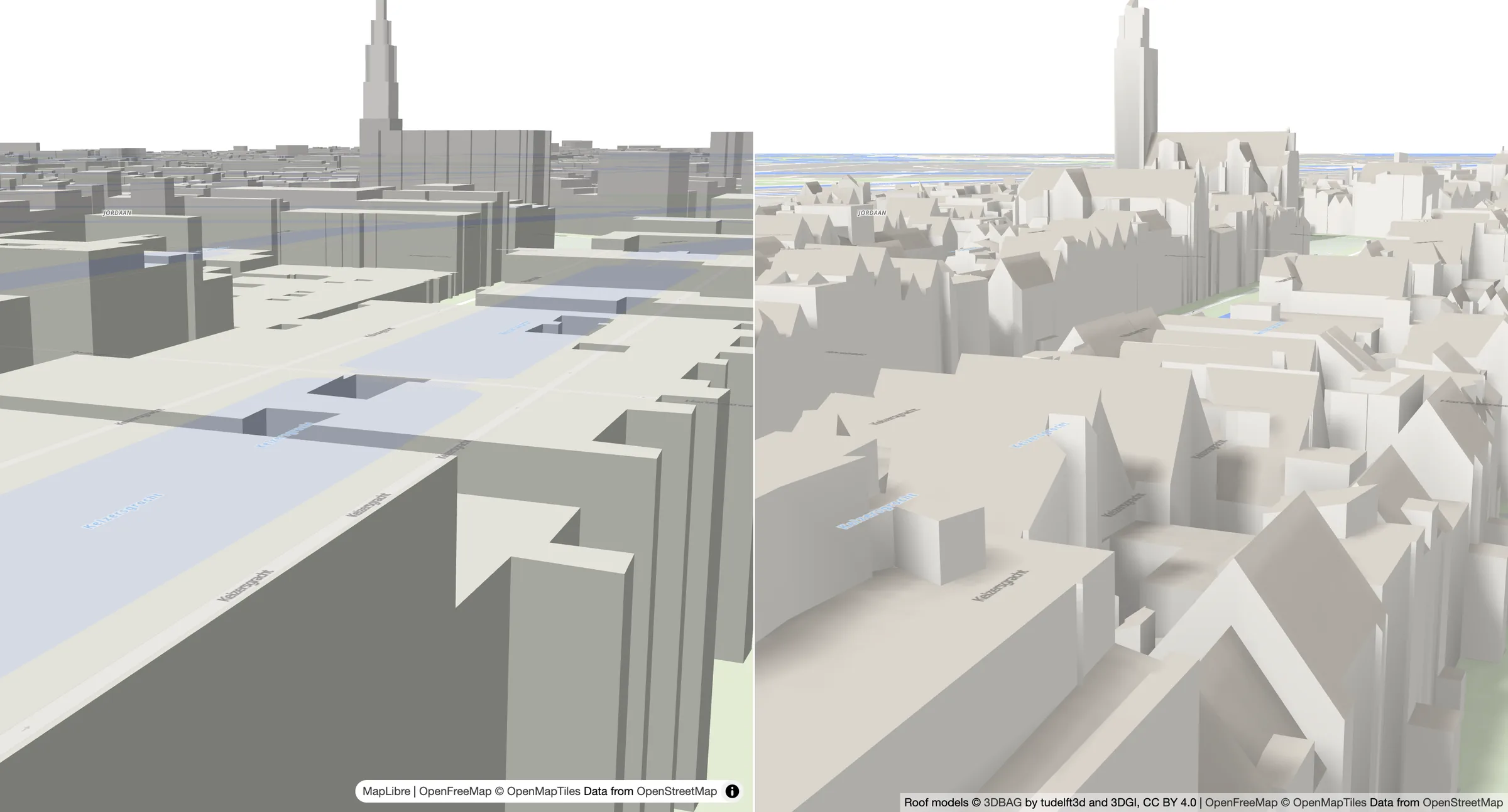 Two views of the same street in Amsterdam. On the left the buildings are plain grey boxes. On the right they have their real gabled roofs.