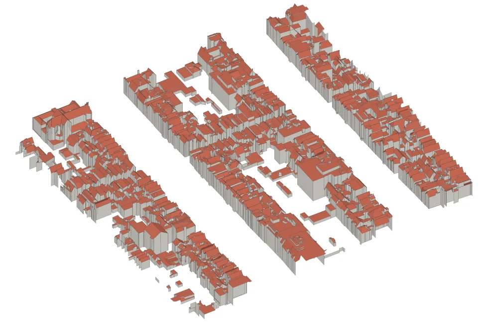 3D building models of central Amsterdam, with red roofs on grey walls.