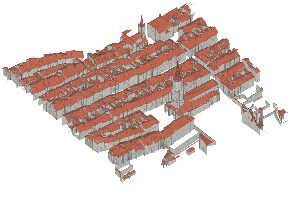 3D building models of central Bern, with red roofs on grey walls.