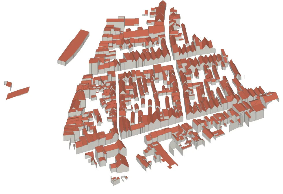 3D building models of central Lübeck, with red roofs on grey walls.