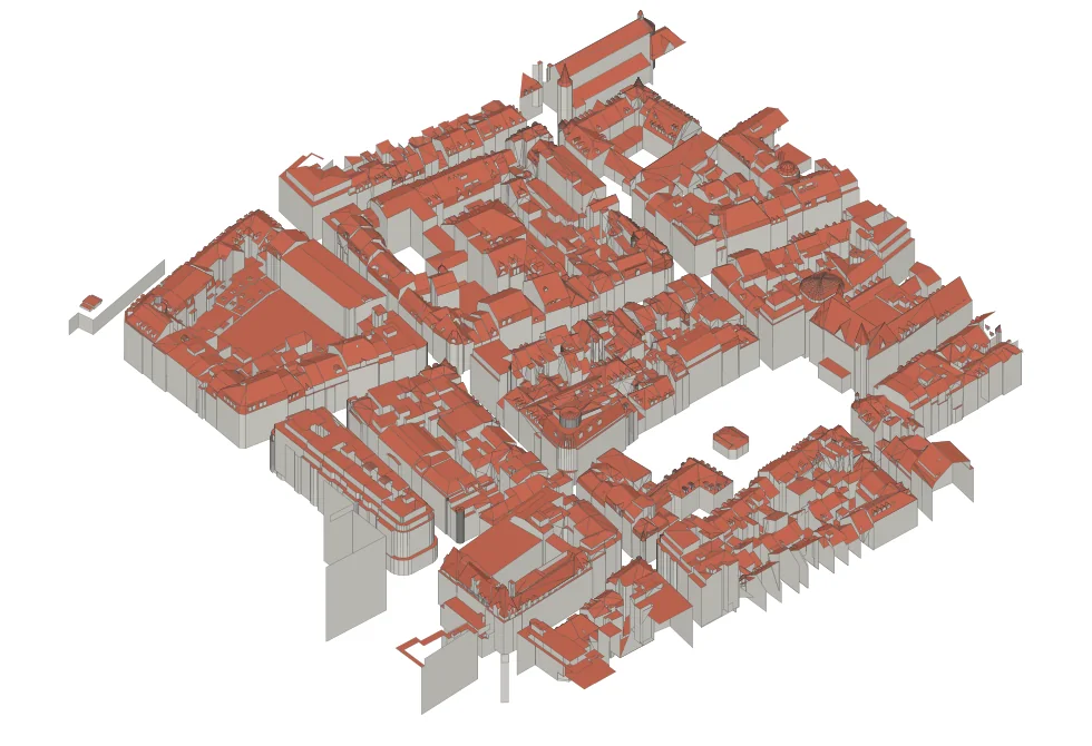 3D building models of central Luxembourg, with red roofs on grey walls.