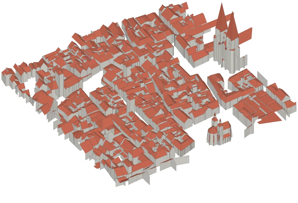 3D building models of central Regensburg, with red roofs on grey walls.