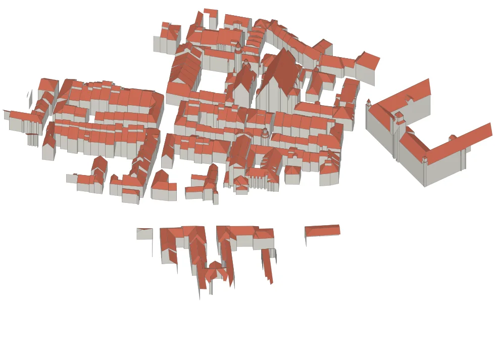 3D building models of central Warsaw, with red roofs on grey walls.